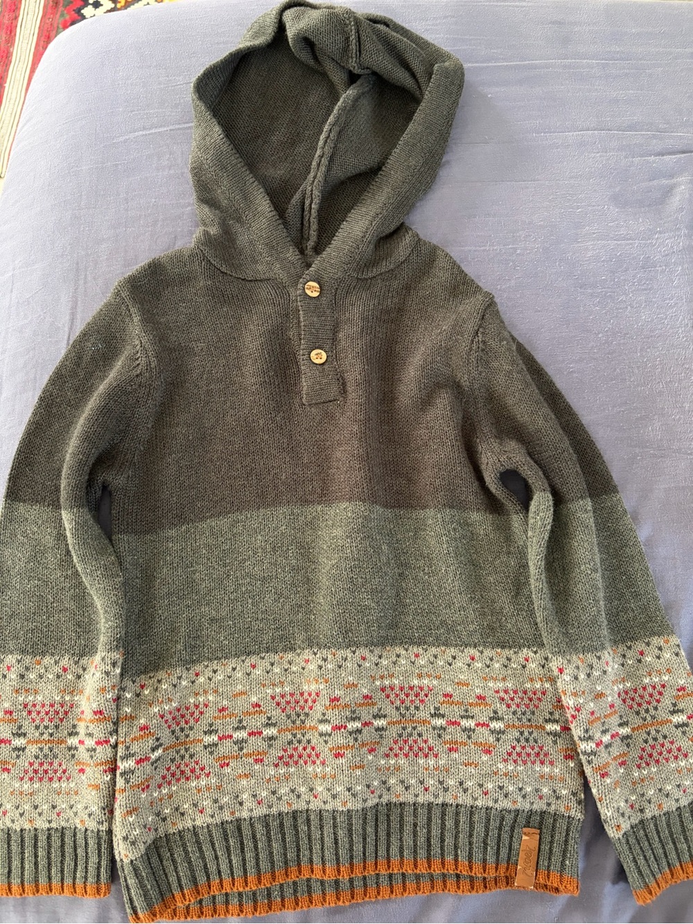 deux par deux Olive Green and Gray Fair Isle Hooded Crewneck Sweater